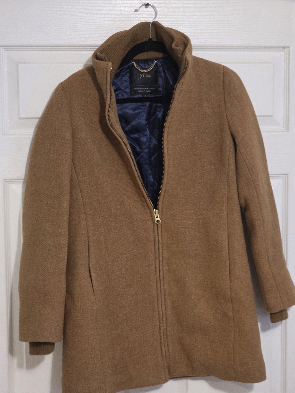 J. Crew  Italia Staduim Cloth Camel Brown Wool Zip-Front Coat with Navy Lining